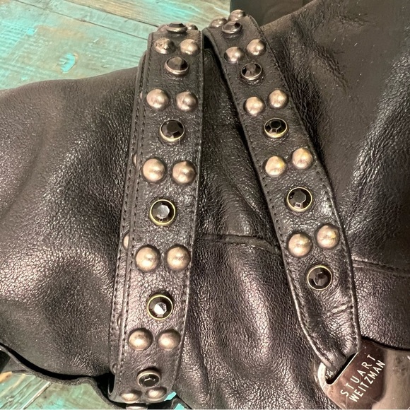 Stuart Weitzman Moto Over Knee Boot Black Leather Stud Ankle Wrap Belt Size 8 - Picture 9 of 16